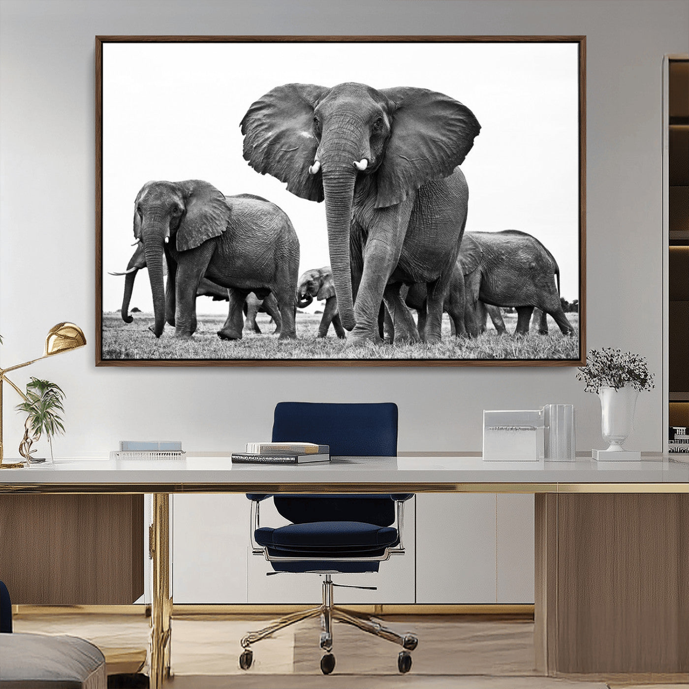 MGV-FC-36X24 - Black White Elephant Family Wall Art Canvas Print