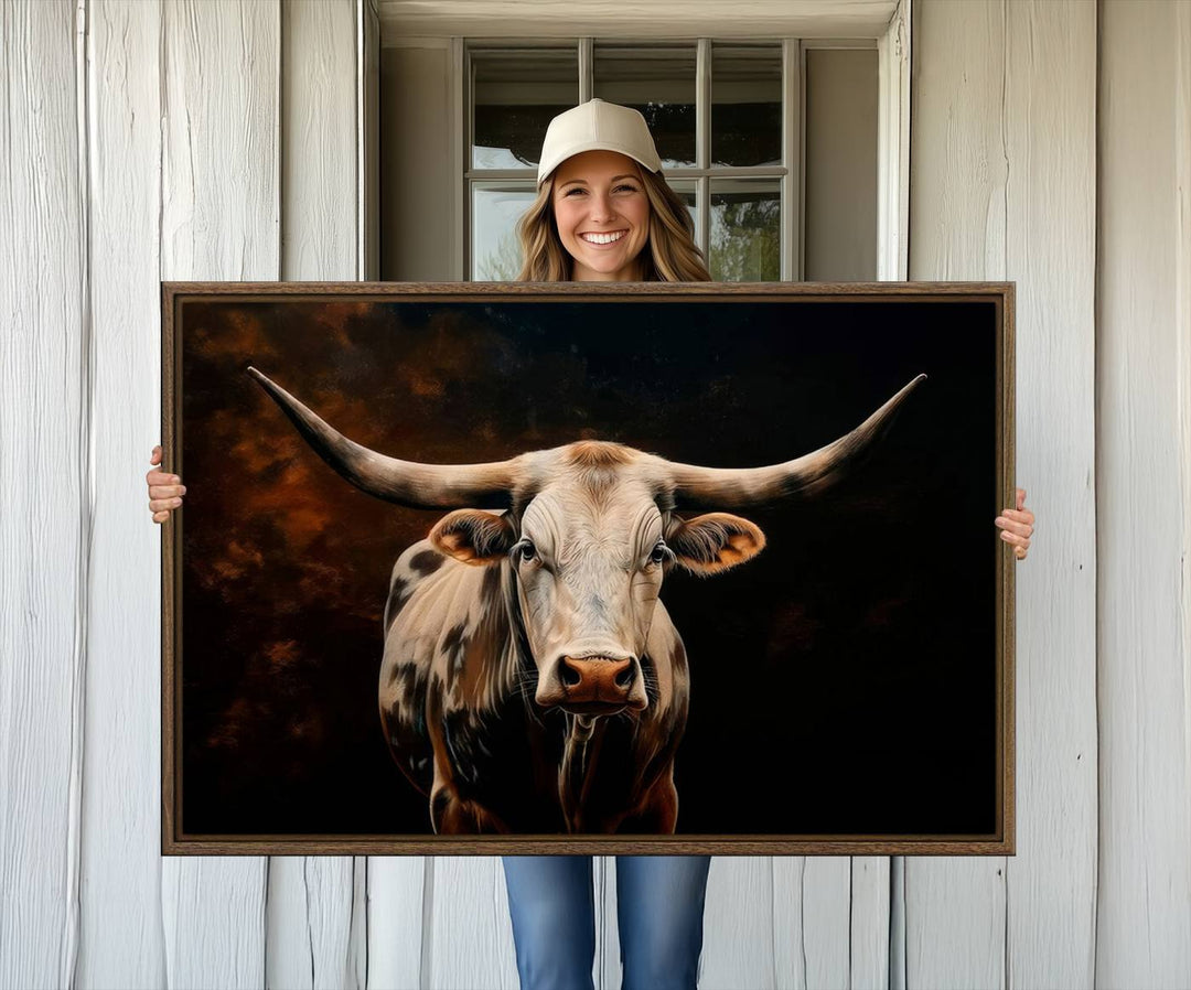 A large 3-panel Texas Longhorn canvas print dominates the space.