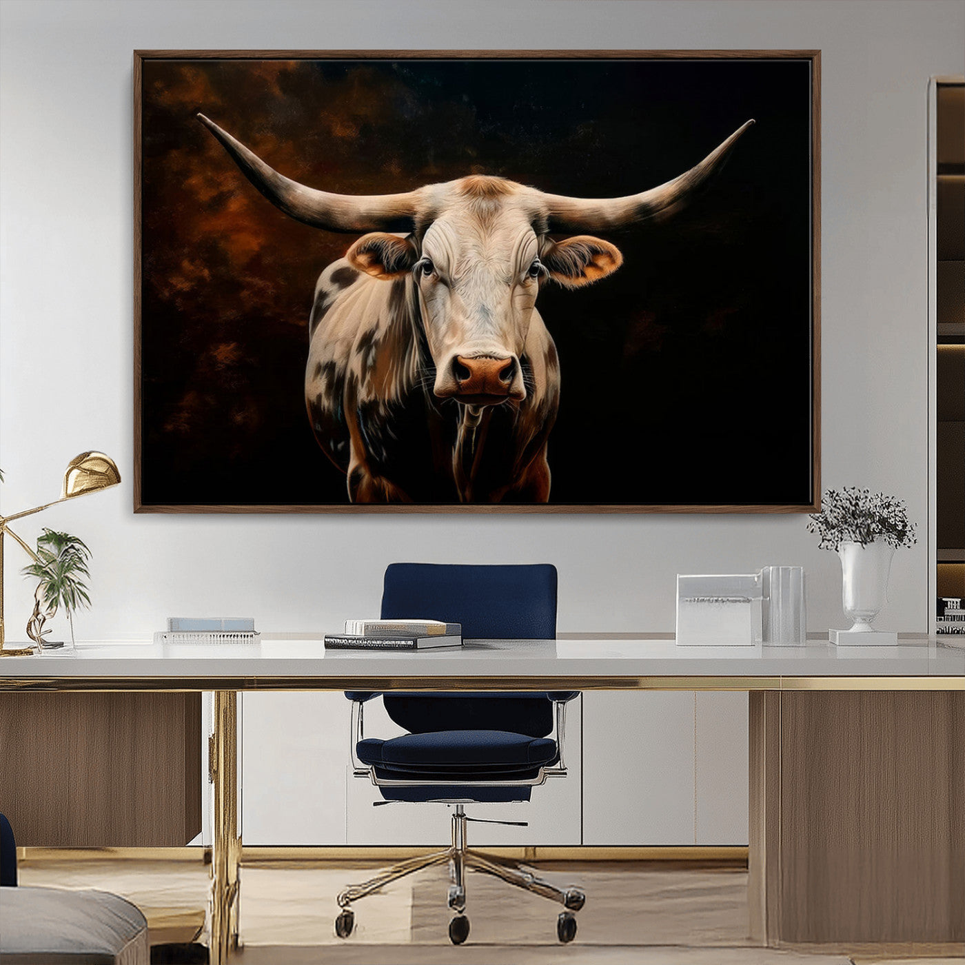 MGV-FC-36X24 - Texas Longhorn Wall Art | 3-Panel Large Texas Longhorn Canvas Print for Living Room, Office, or Farmhouse Decor | Framed Giclee Longhorn Wall Art