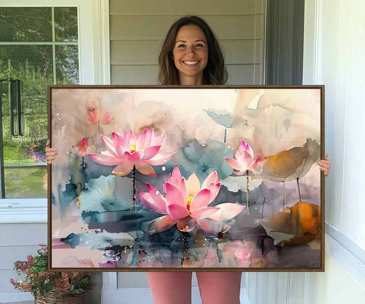 A pink lotus wall art adorns the space.