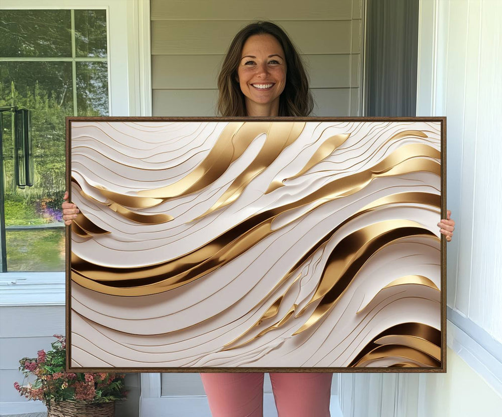 A Gold and White Abstract Wave Canvas with luxurious golden accents.