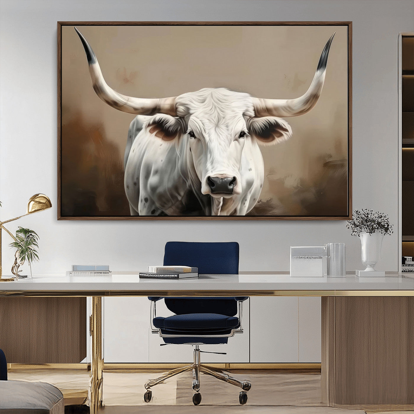 61423-MGV-FC-36X24_Walnut-White Longhorn Bull Wall Art Canvas Print – Framed and Ready to Hang – Perfect for Farmhouse and
