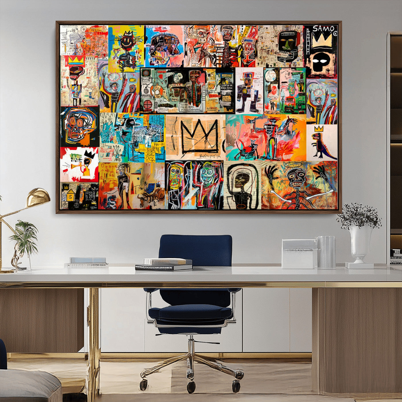 MGV-FC-36X24 - Basquiat Art Collage Wall Art Canvas Print – Framed, Ready to Hang, Urban Graffiti Style