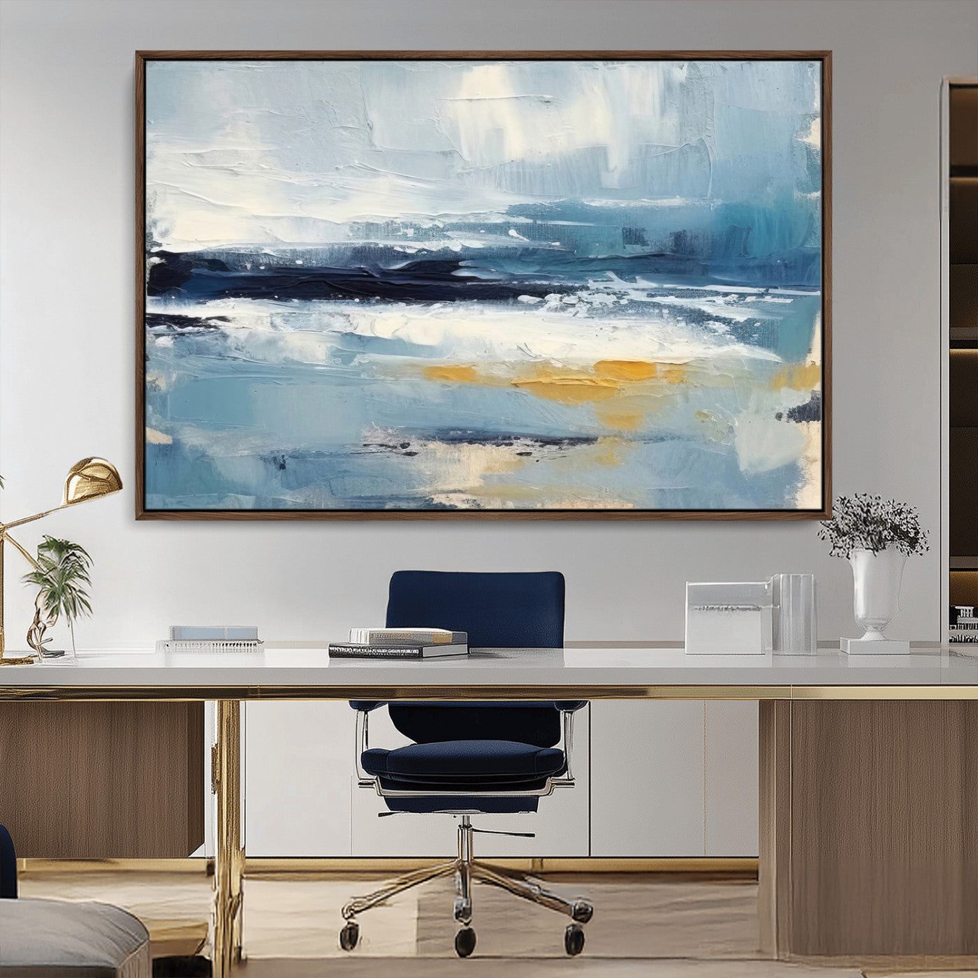 MGV-FC-36X24 - Abstract Ocean Canvas Wall Art - Coastal Blue and Gold Textured Painting, Modern Seascape Decor for Living Room Decor