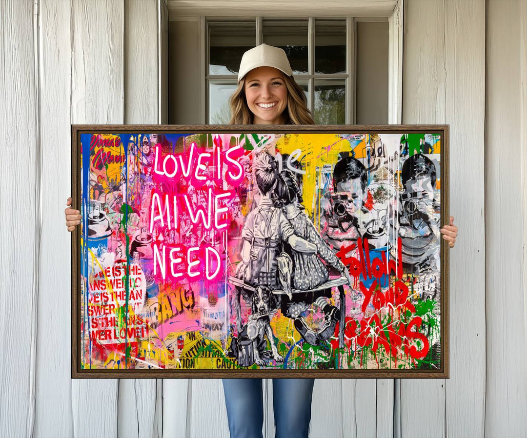 A vibrant and dynamic triptych features distorted horizontal lines, resembling graffiti street art. This artwork conveys the themes of "Follow Your Dreams" and "Love is All We Need" across three colorful panels.