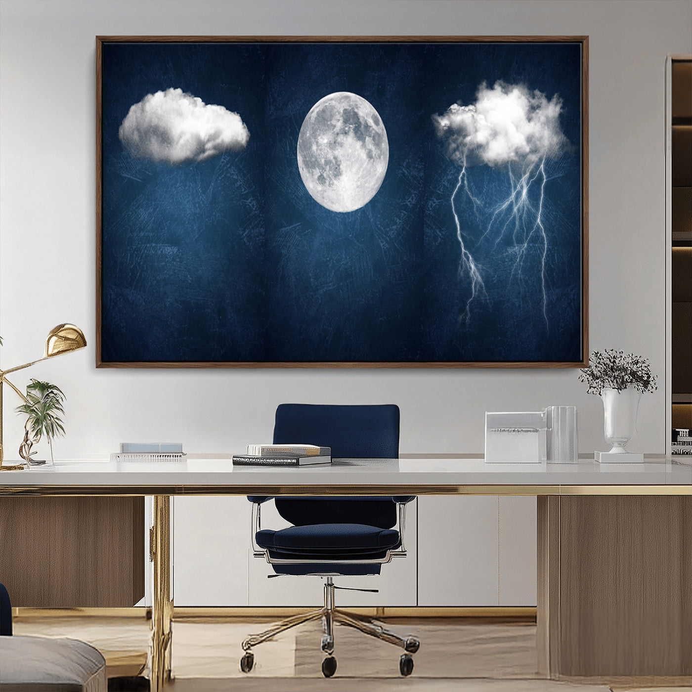 -Dark Blue Cloud Art, 3 Piece Indigo Blue Wall Art, Aesthetic Surreal Art, Thunderstorm Moon Cloud