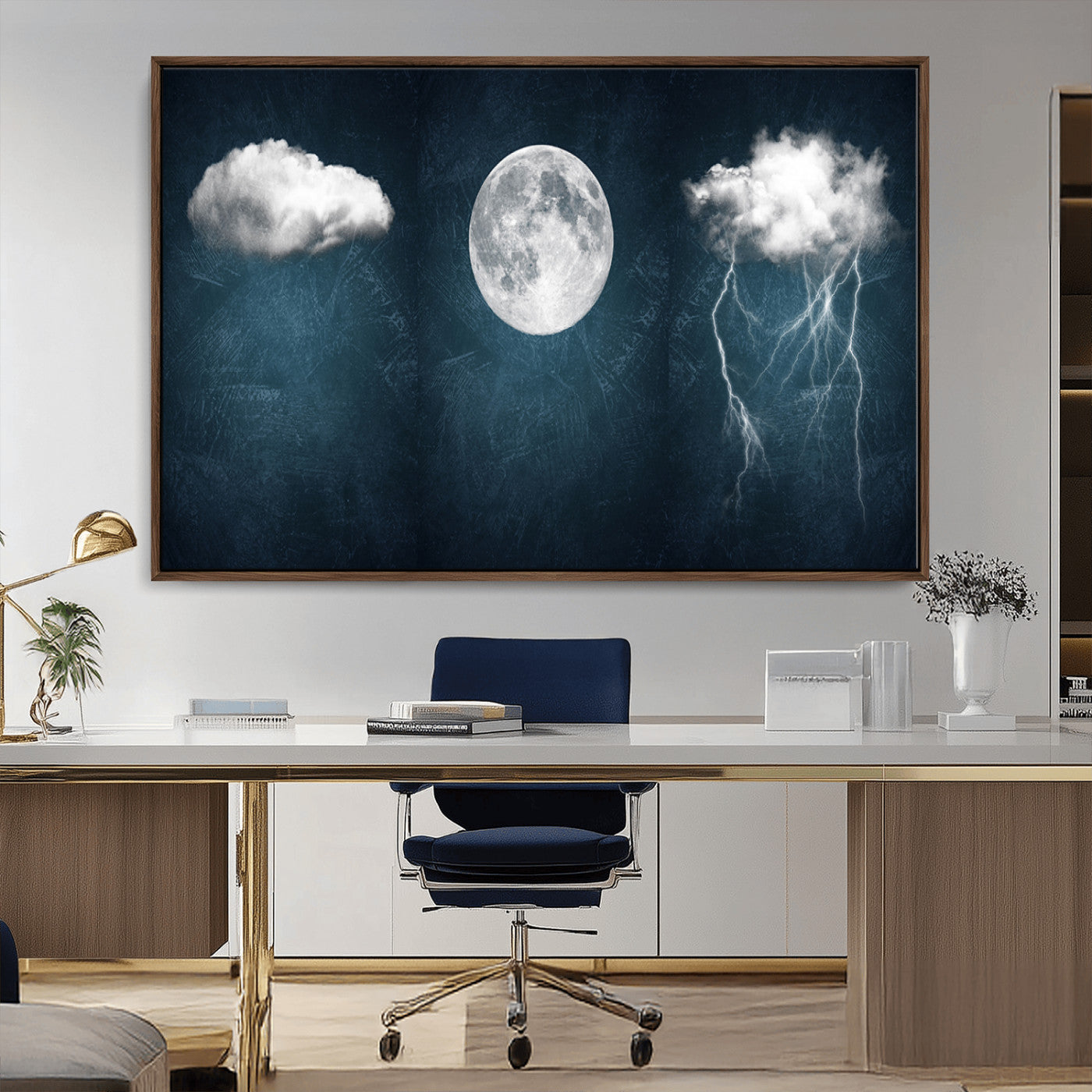-3 Piece Indigo Cloud Wall Art, Thunderstorm Moon Cloud Artworks