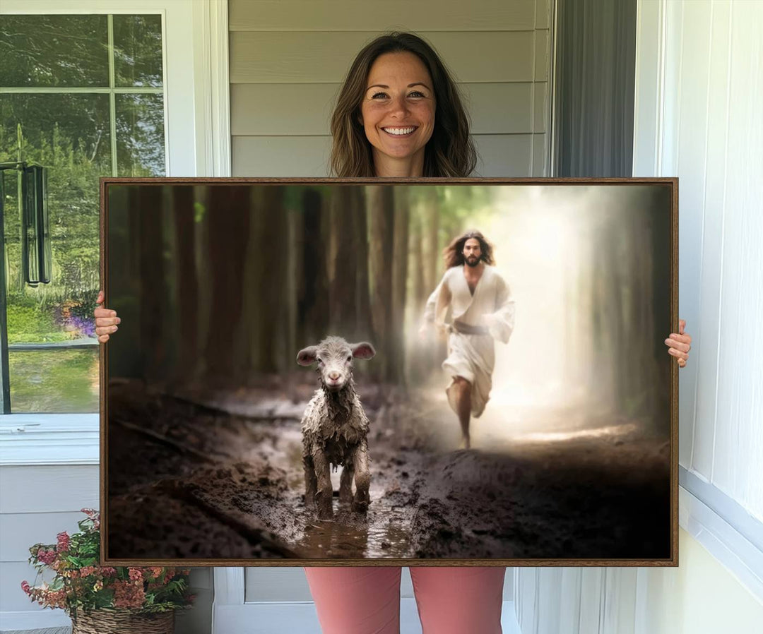 The Jesus Running After Lost Lamb canvas wall art adds a touch of spiritual significance.