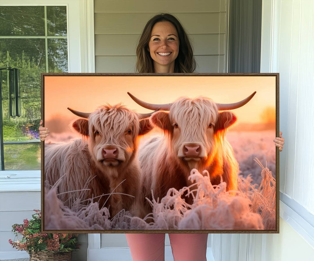 Highland Cows at Sunrise Wall Art adds serene rustic farmhouse charm.