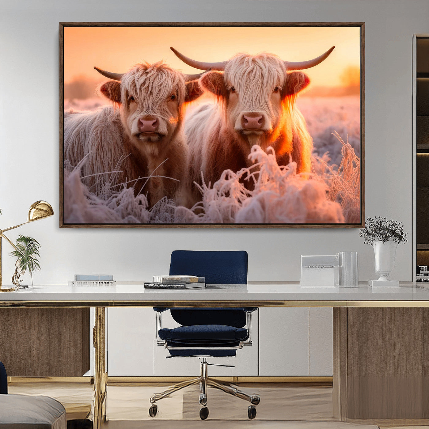 68253-MGV-FC-36X24_Walnut-Highland Cows at Sunrise Wall Art Canvas Set – Serene and Rustic Farmhouse Decor