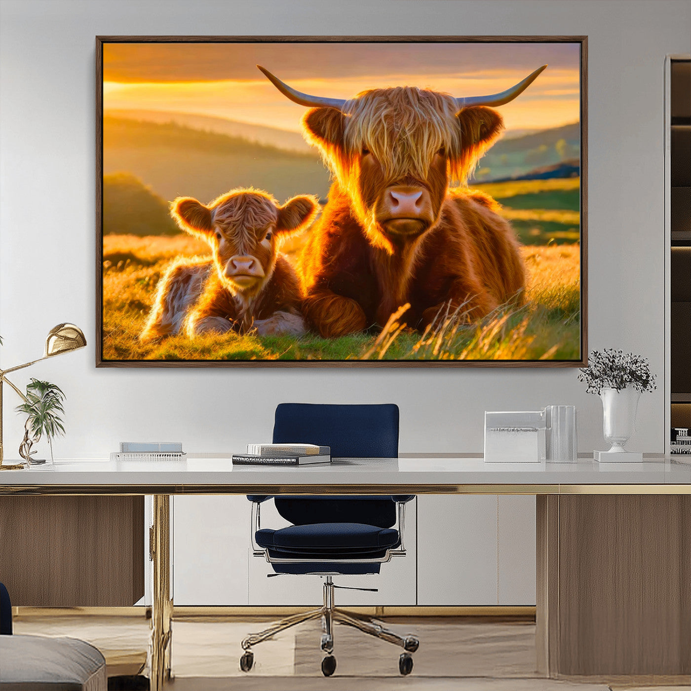 -Scottish Cow and Baby Cow Canvas Wall Art Animal Print Fluffy Cattle Framed Farmhouse Decor