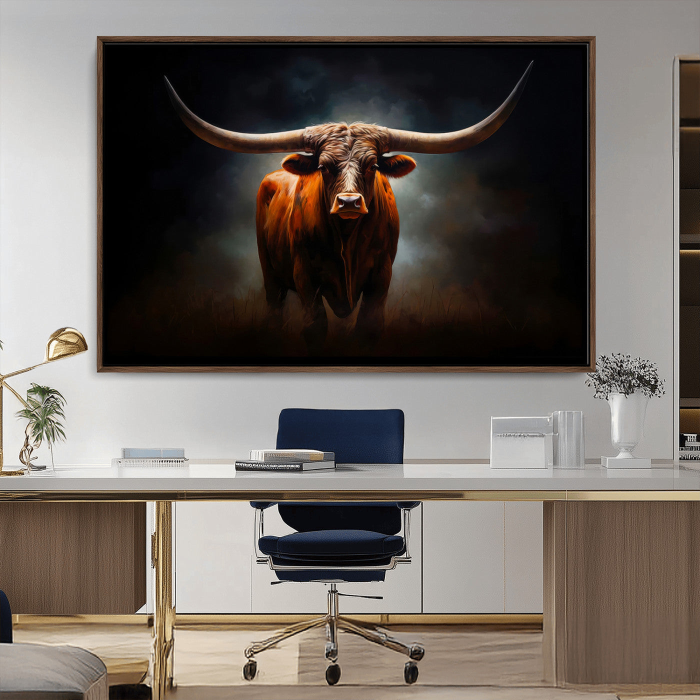 MGV-FC-36X24 - Abstract Texas Longhorn Wall Art Print | 3-Panel Large Texas Longhorn Canvas Print for Living Room, Office  Farmhouse Decor | Framed Longhorn Wall Art