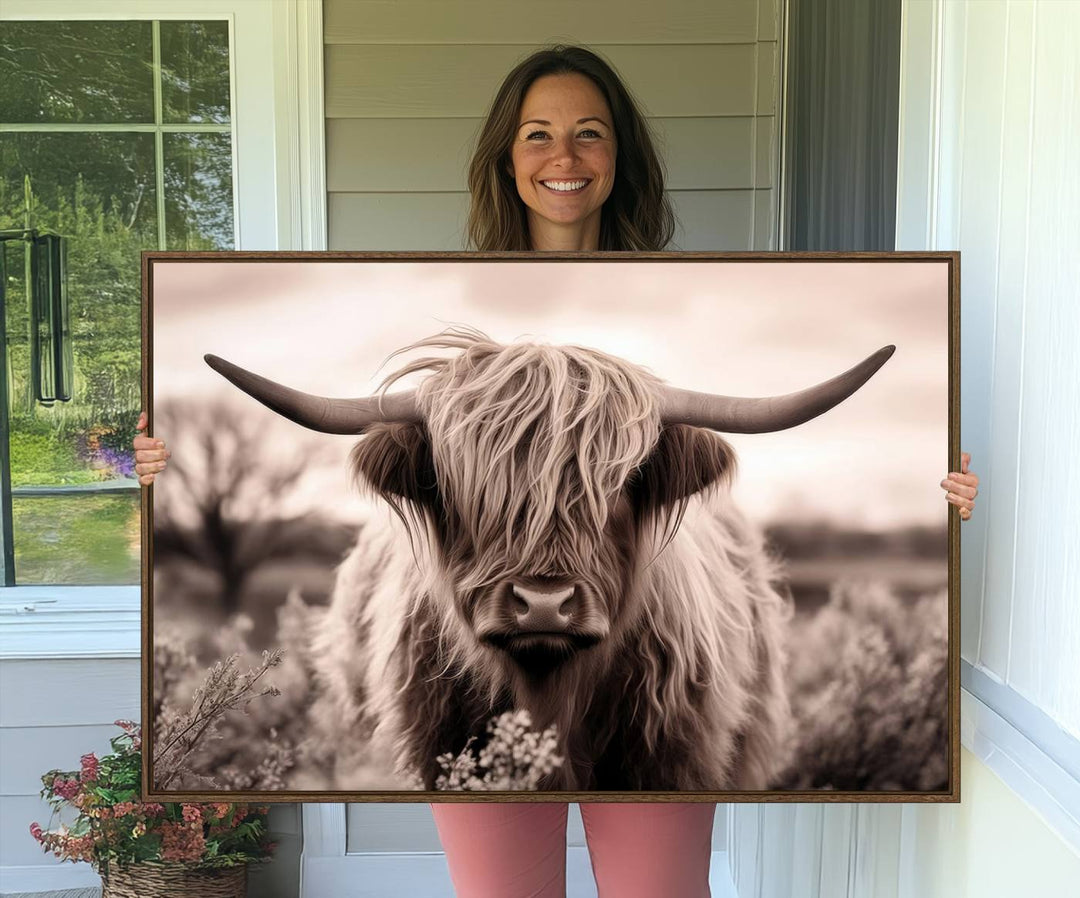 The Scottish Cow Longhorn Wall Art Canvas Print adds charm to the kitchen.