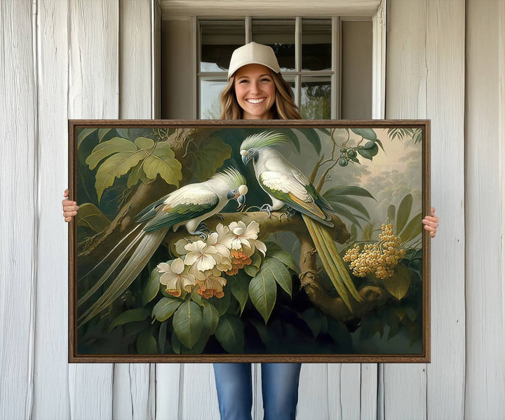 The Tropical Paradise Wall Art features a parrot in a lush forest.