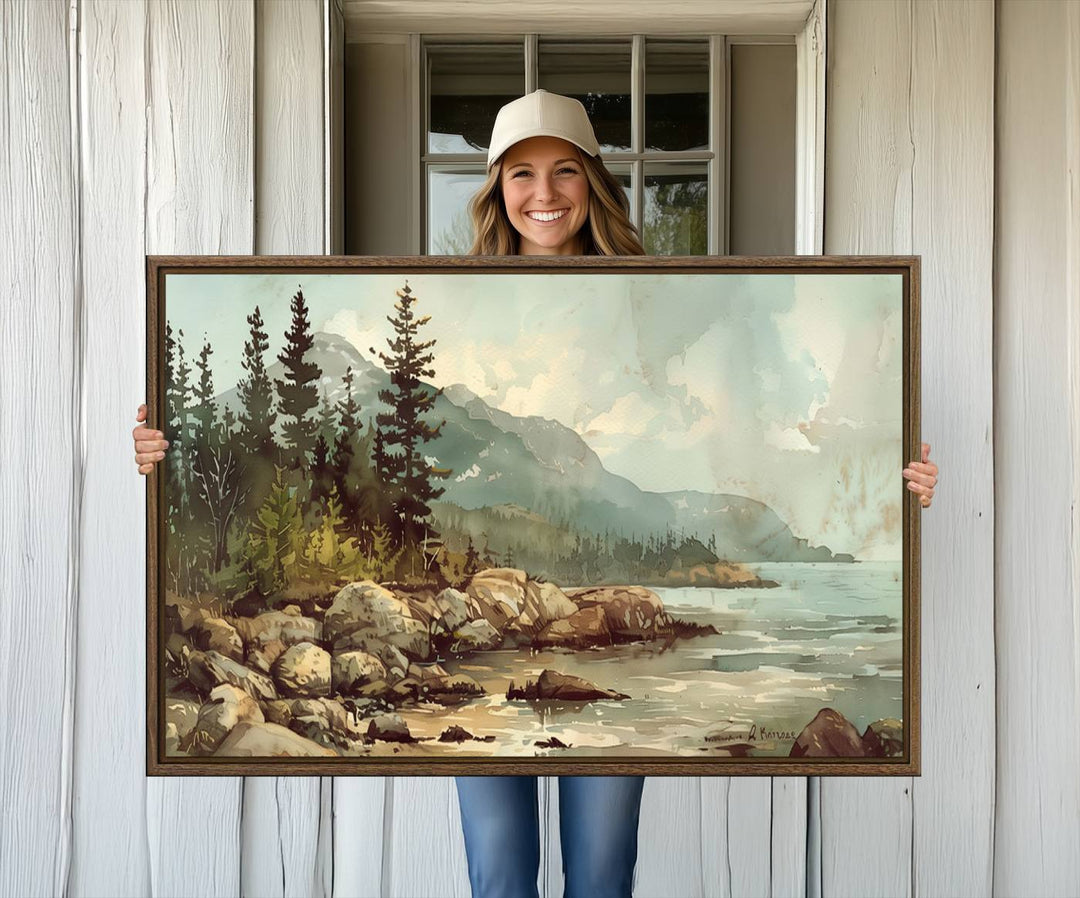 Framed Abstract Acadia National Park wall art, depicting a rocky coastline with trees and mountains, ready to hang.