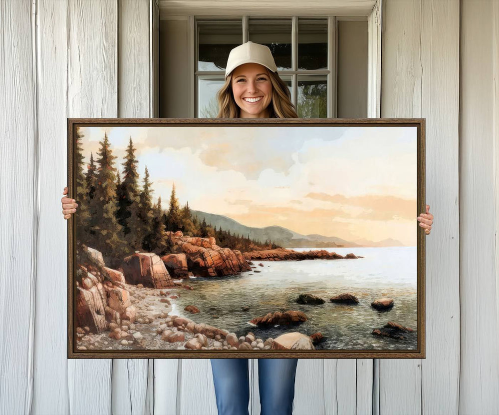 The Serene Coastal View of Acadia National Park 3-panel canvas, framed and ready to hang, adorns the wall.