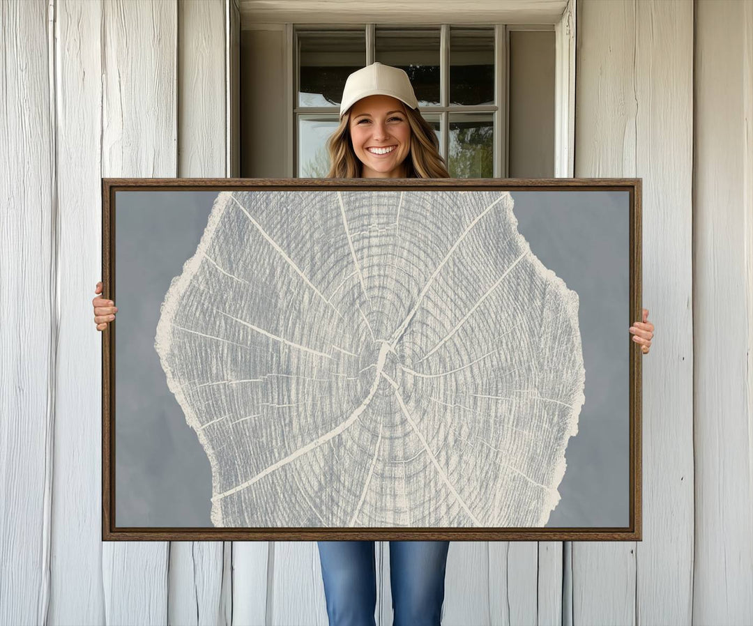 A gray wall displays the Abstract Tree Ring Wall Art print.