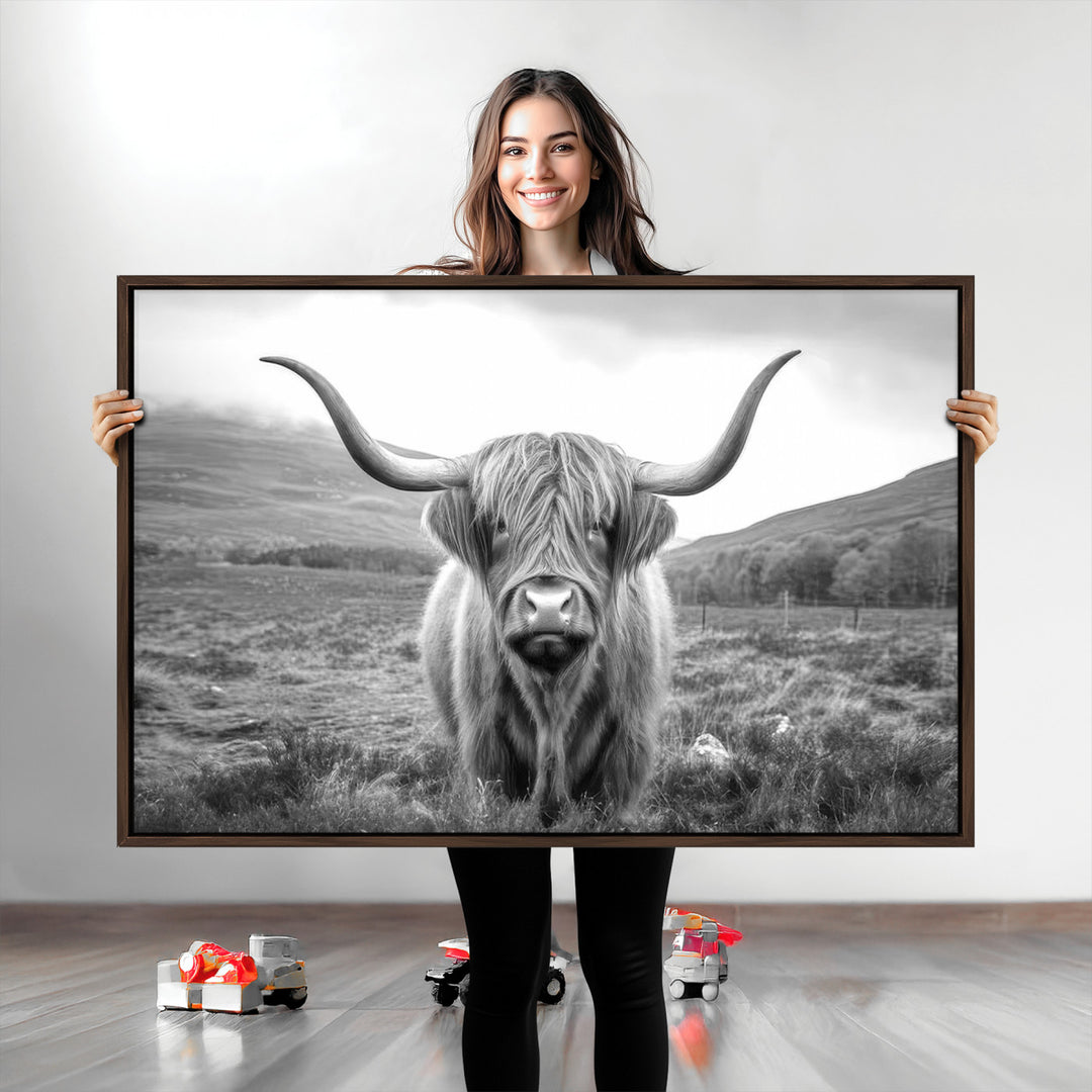 Black White Scottish Highland Cow Canvas Farm Wall Art Canvas Print