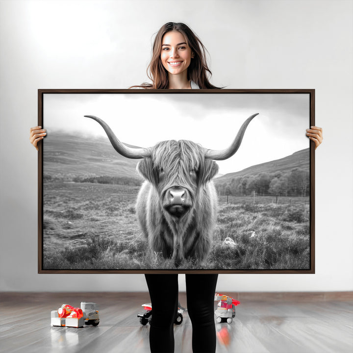 Black White Scottish Highland Cow Canvas Farm Wall Art Canvas Print