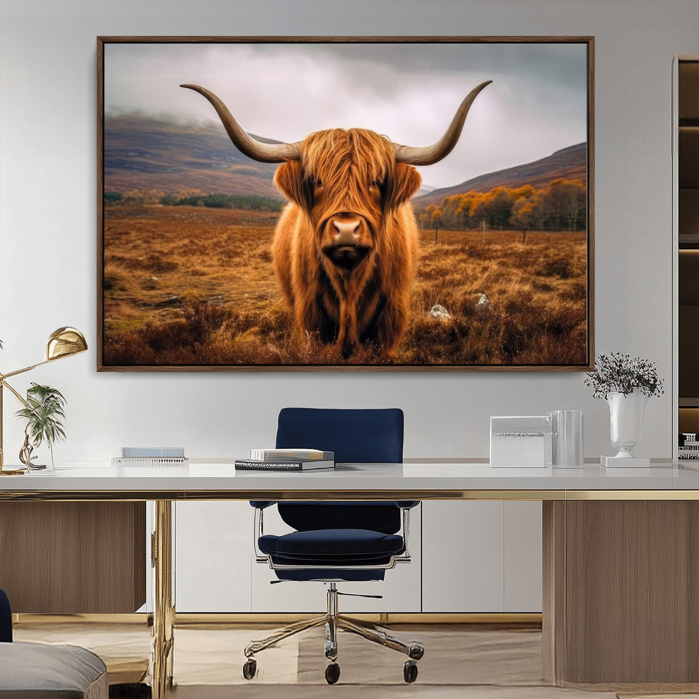 -Highland Cow Longhorn Wall Art – Rustic Canvas Print, Framed and Ready to Hang for Farmhouse Décor