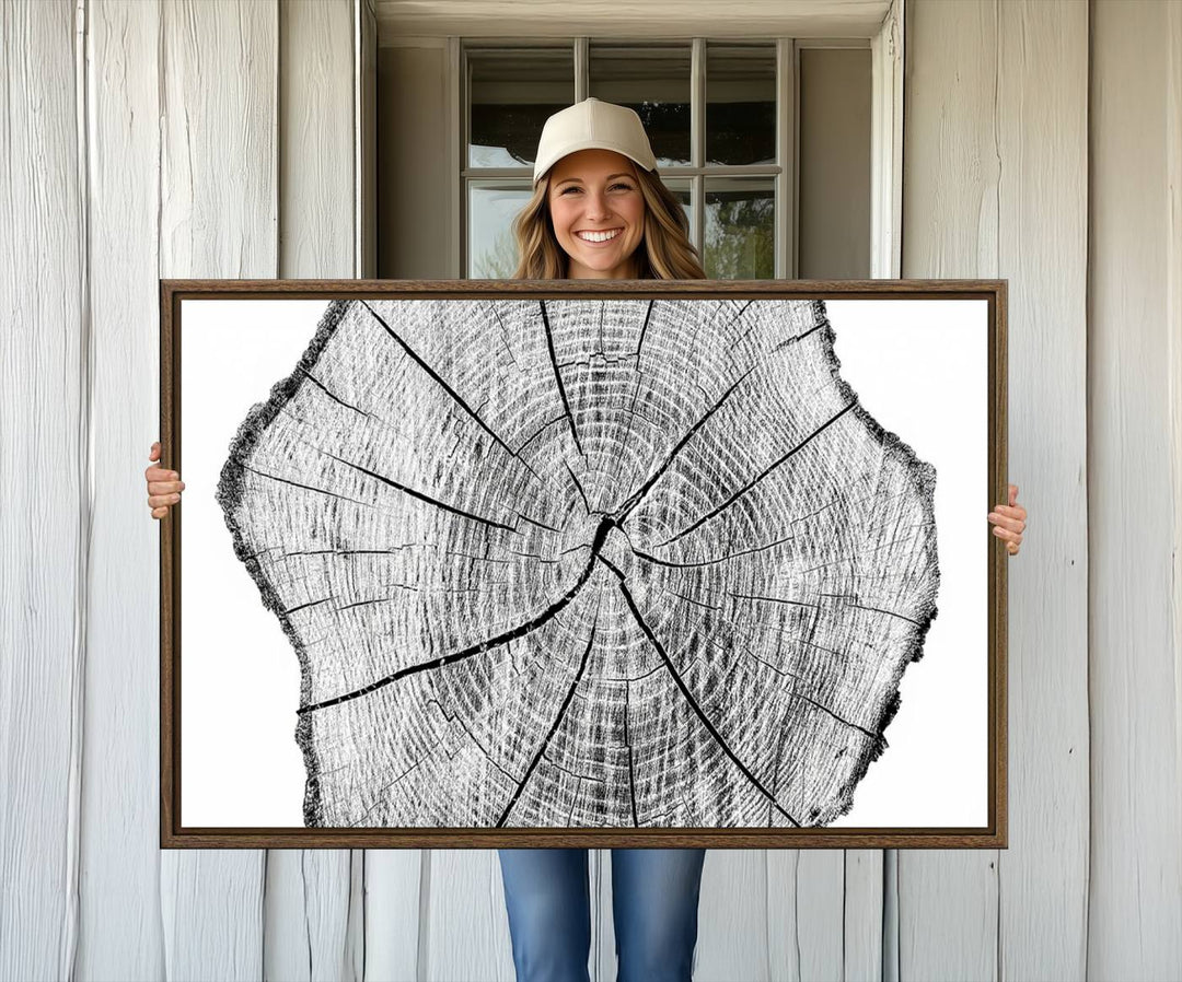 Black and white tree ring art print.