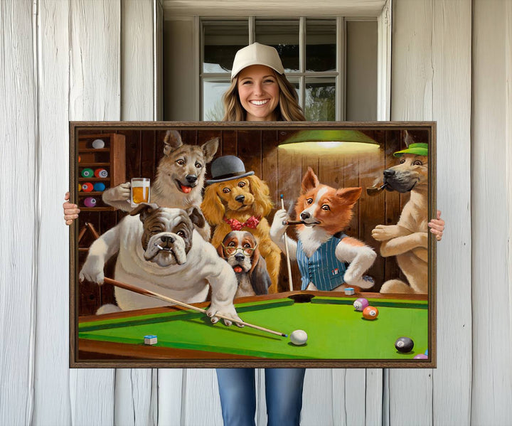 Dogs Playing Pool Canvas Wall Art: This artwork depicts a room where dogs are engaged in a game of pool. One dog is poised to cue while others observe the scene.