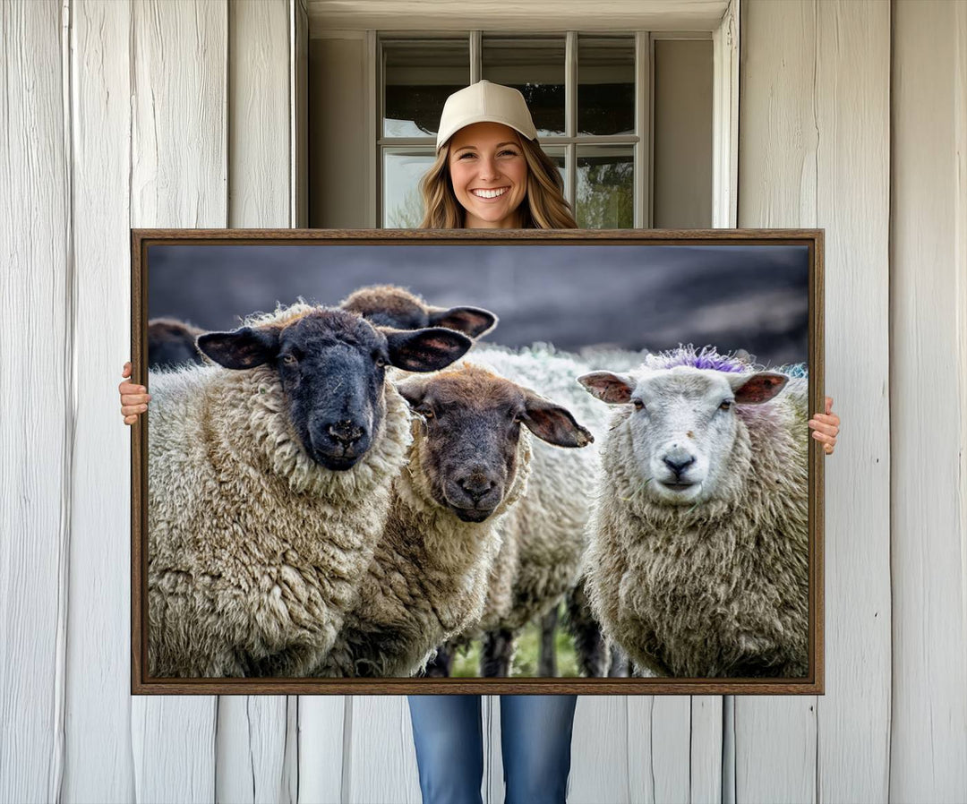 The Charming Sheep Portrait Wall Art hangs on a wooden wall.