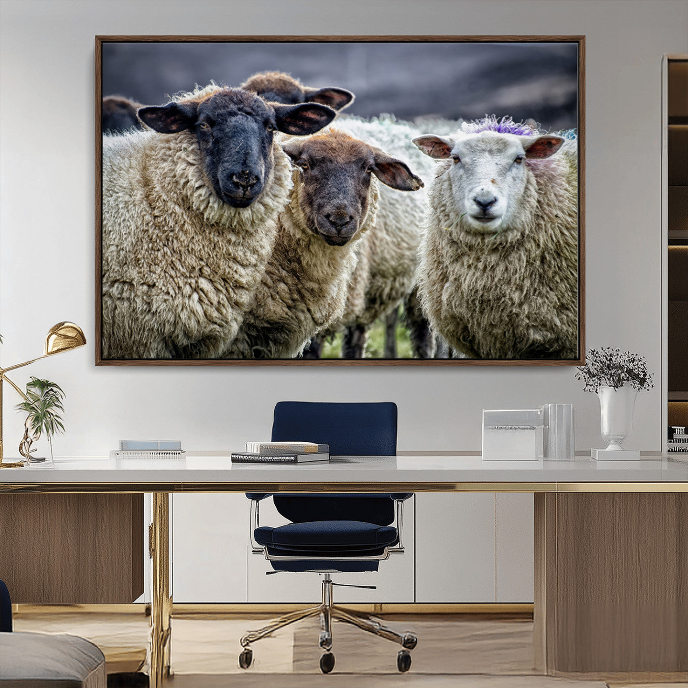 -Charming Sheep Portrait Wall Art – Trio of Woolly Companions Canvas Print, Framed, Ready to Hang