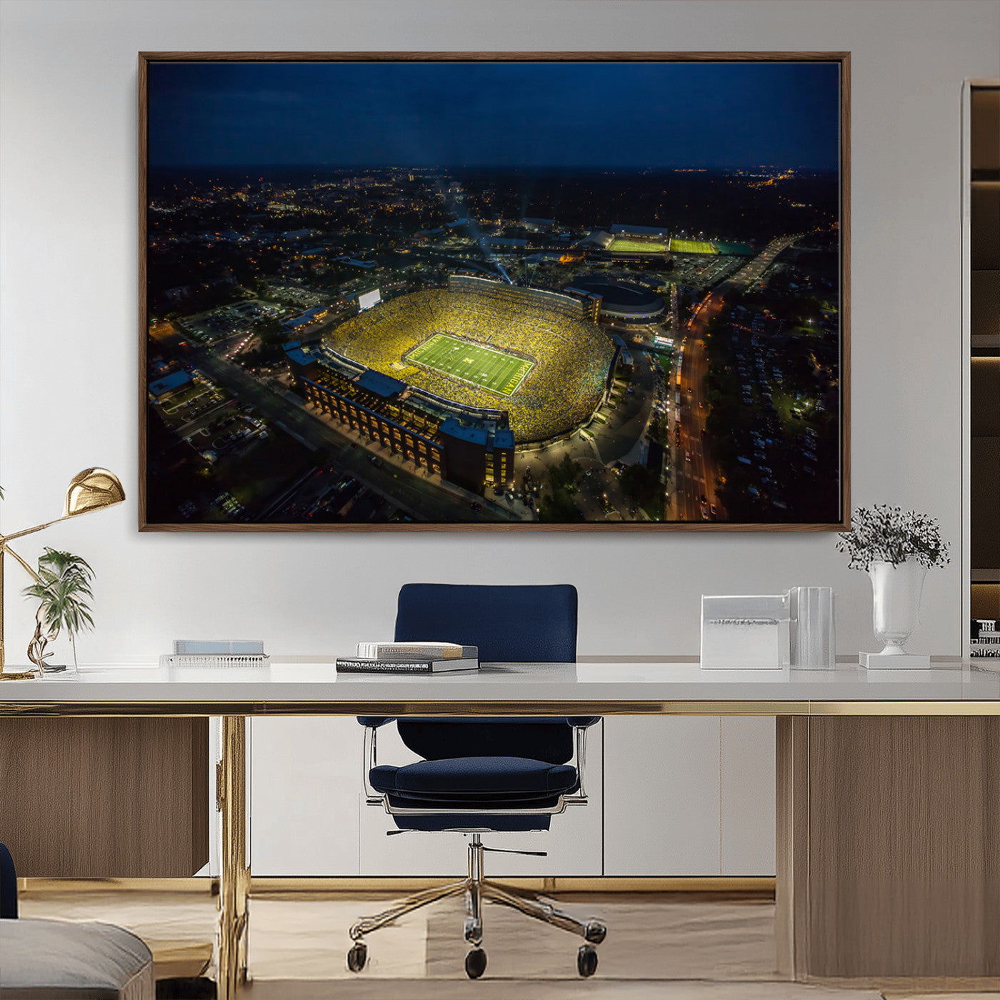 MGV-FC-36X24 - Michigan Stadium Night Game Wall Art – Sports Arena Aerial View Canvas Print, Framed, Ready to Hang