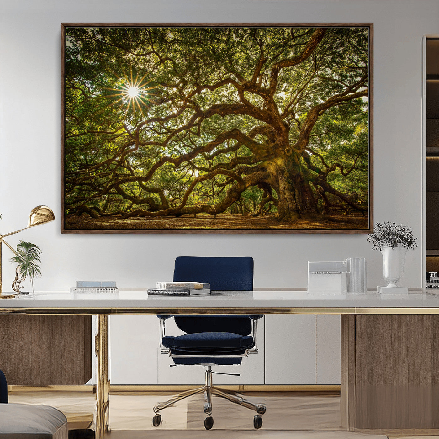MGV-FC-36X24 - Ancient Angel Oak Tree Art Sunburst Canvas Print- Nature-Inspired Triptych Canvas Print, Framed, Ready to Hang