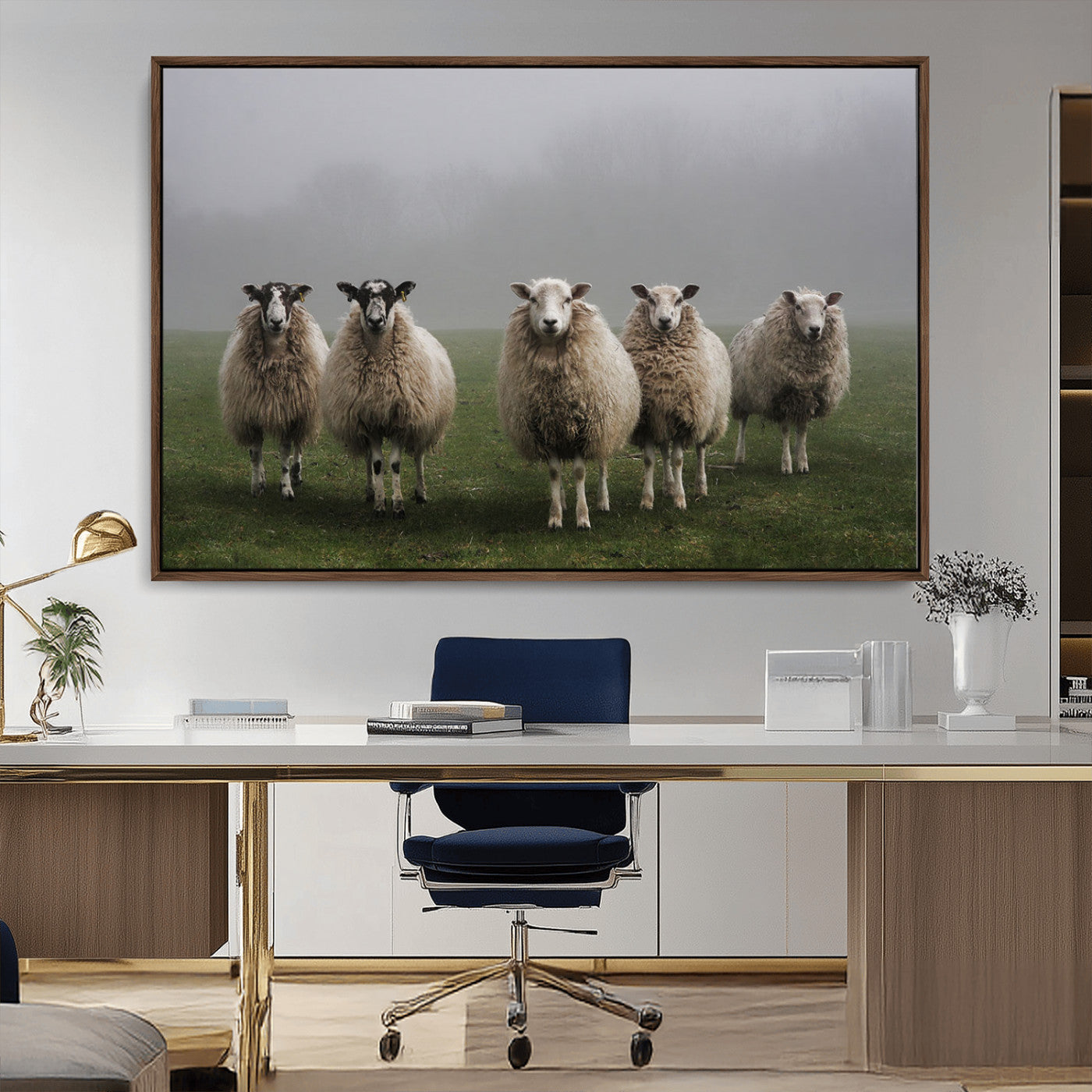 87339-MGV-FC-36X24_Walnut-Flock of Sheep in a Mystical Fog – Pastoral Wall Art Canvas Print, Framed, Ready to Hang