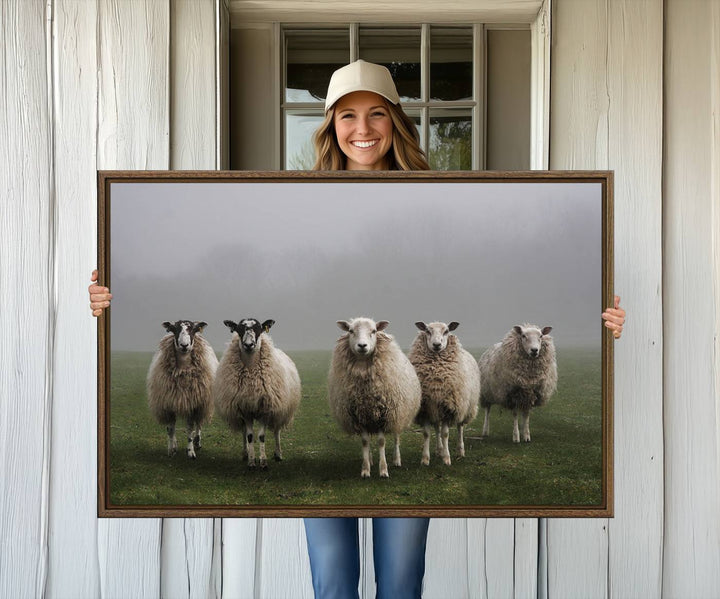 The Flock of Sheep in a Mystical Fog canvas print is framed and ready to hang.