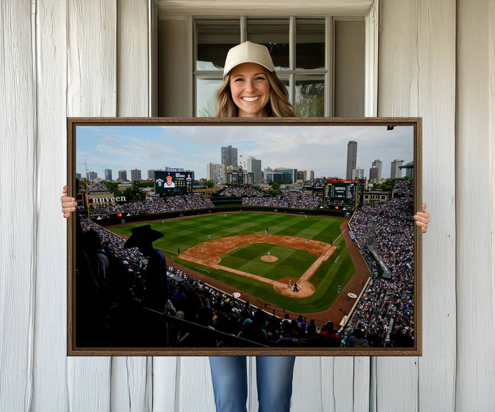 Admire this museum-quality canvas print of a Chicago Cubs game with a cityscape view from the stands at Wrigley Field.