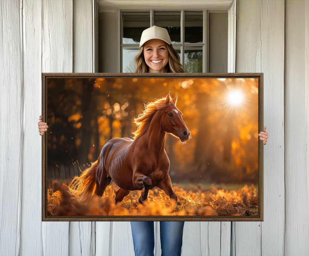 The Running Horse Sunset Forest Wall Art Canvas Print showcases a gallop in an autumn forest with sunlight streaming through the trees.