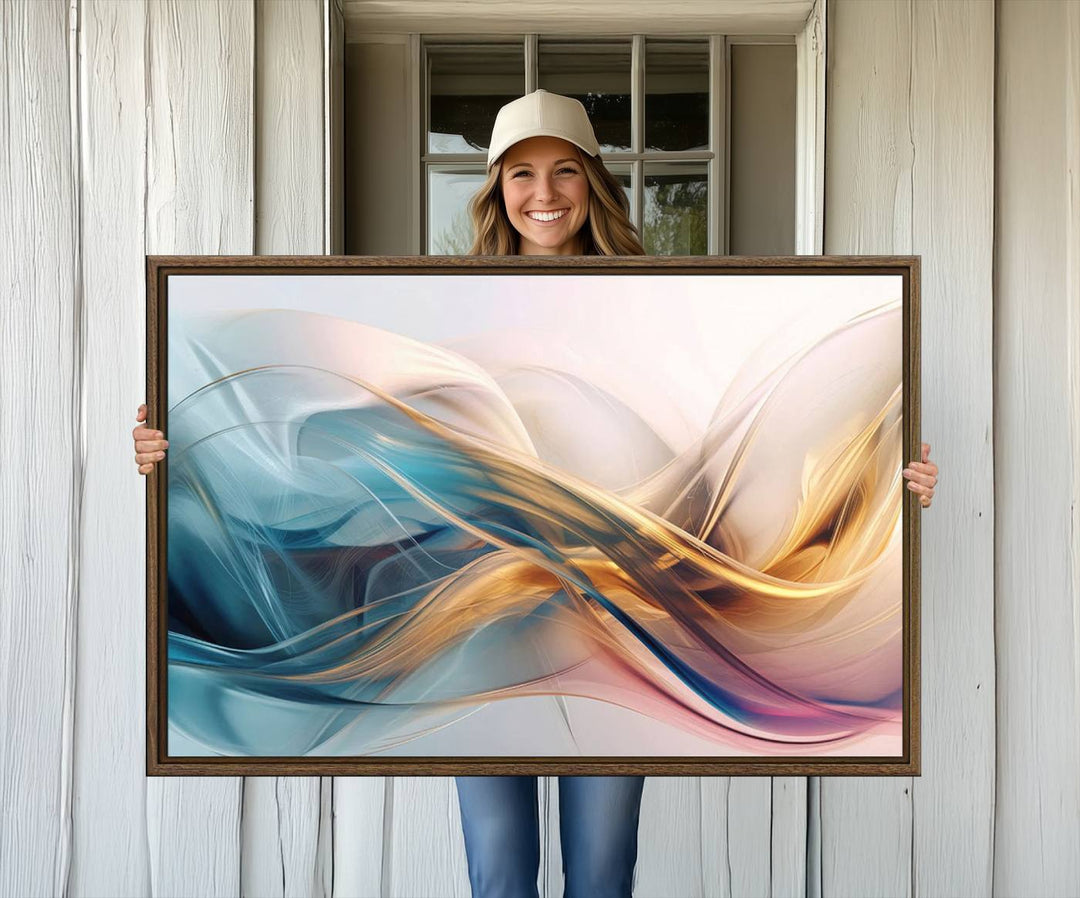 Abstract Flowing Colors Wall Art featuring blue, gold, and pink adds modern elegance to the space.