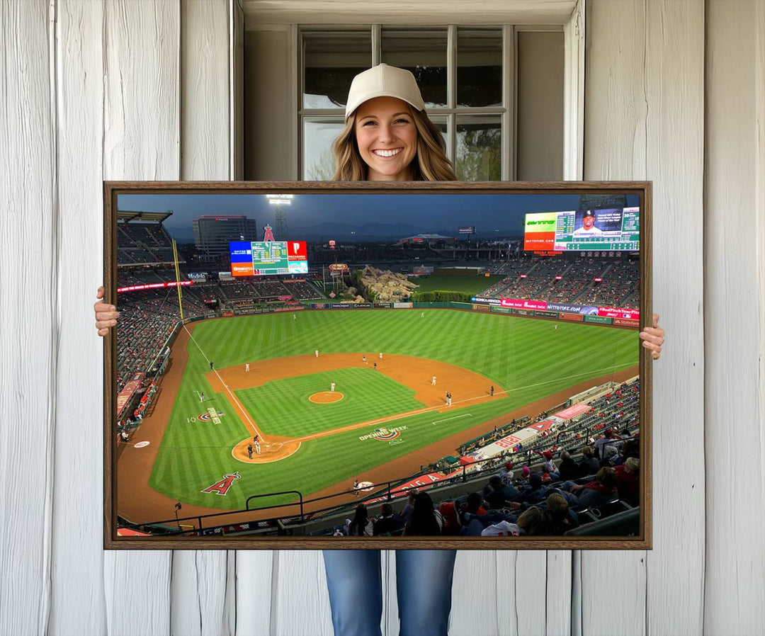 The Angel Stadium Aerial View canvas print of an Angels baseball game is showcased.