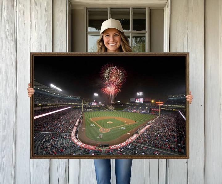 Fireworks at Angel Stadium – LA Angels Night Game Canvas Print, framed and ready to hang.