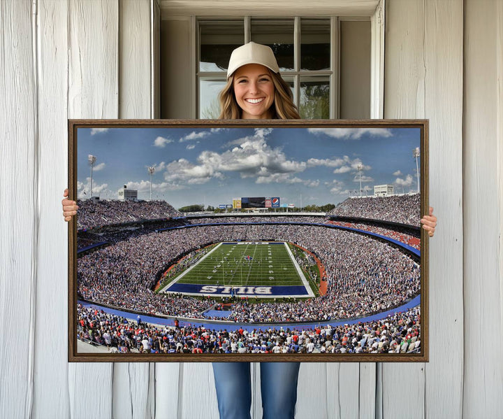 Our Buffalo Bills Game Day Canvas captures a vibrant scene at Highmark Stadium, with a lively crowd under a partly cloudy sky.