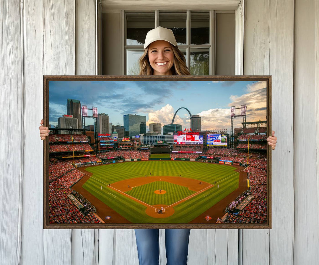 A Busch Stadium canvas print featuring a cityscape, ideal for enhancing living room or man cave sports decor.