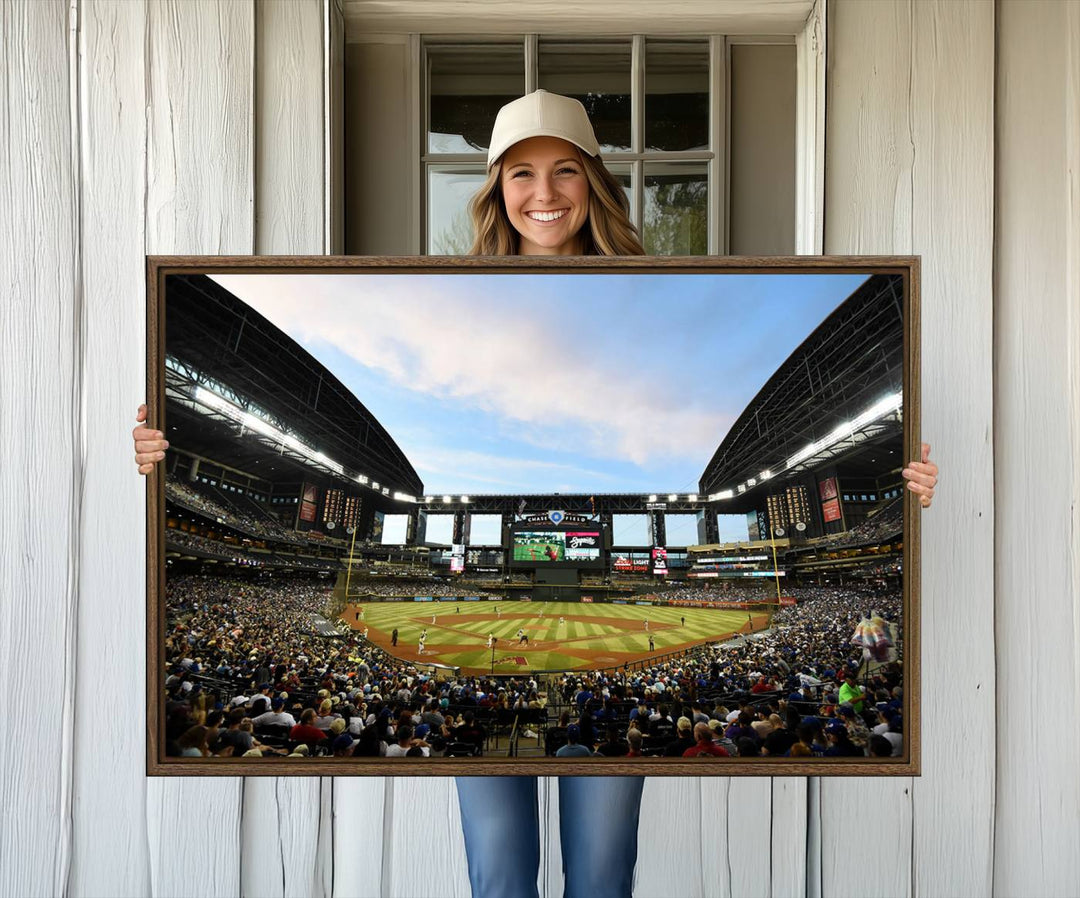 The wall art is an Arizona Diamondbacks Baseball Print depicting a packed Chase Field Stadium under a clear blue sky.