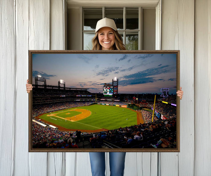 A wall art piece depicting the Philadelphia Phillies Citizens Bank Park Stadium at dusk.