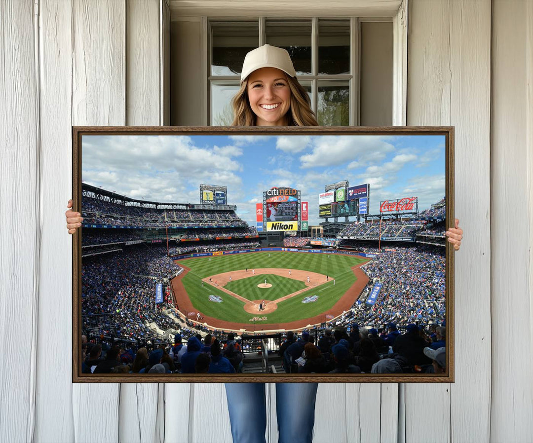 A wall art piece featuring a New York Mets Baseball Team print of Citi Field during a thrilling game under a blue sky.