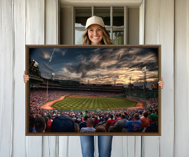 Boston Red Sox canvas print of Fenway Park at sunset, ideal for sports fans.