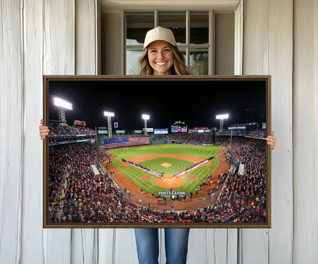 The Fenway Park Wall Art Canvas Print showcases a stunning aerial view of Bostons iconic ballpark at night, making it an ideal piece for any Red Sox enthusiast.