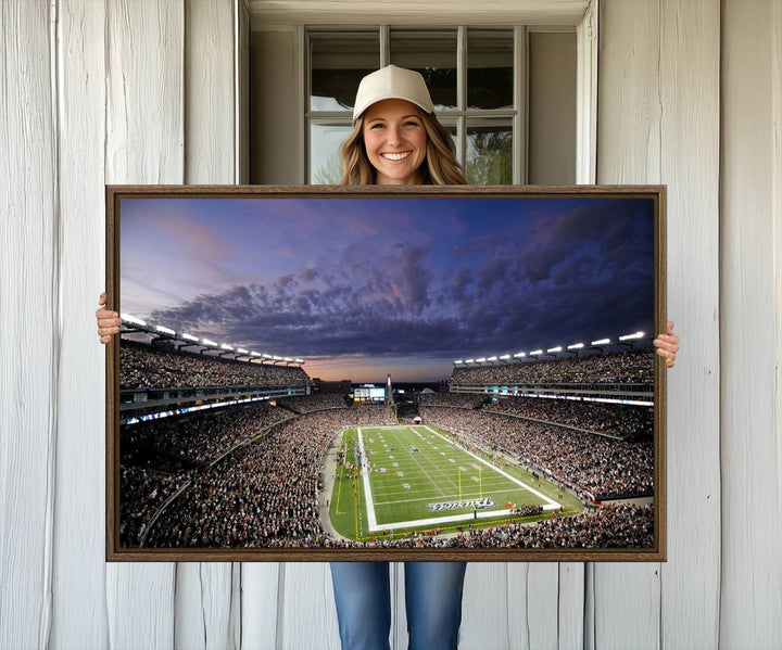 A large New England Patriots Foxborough Gillette Stadium wall art canvas print at sunset.