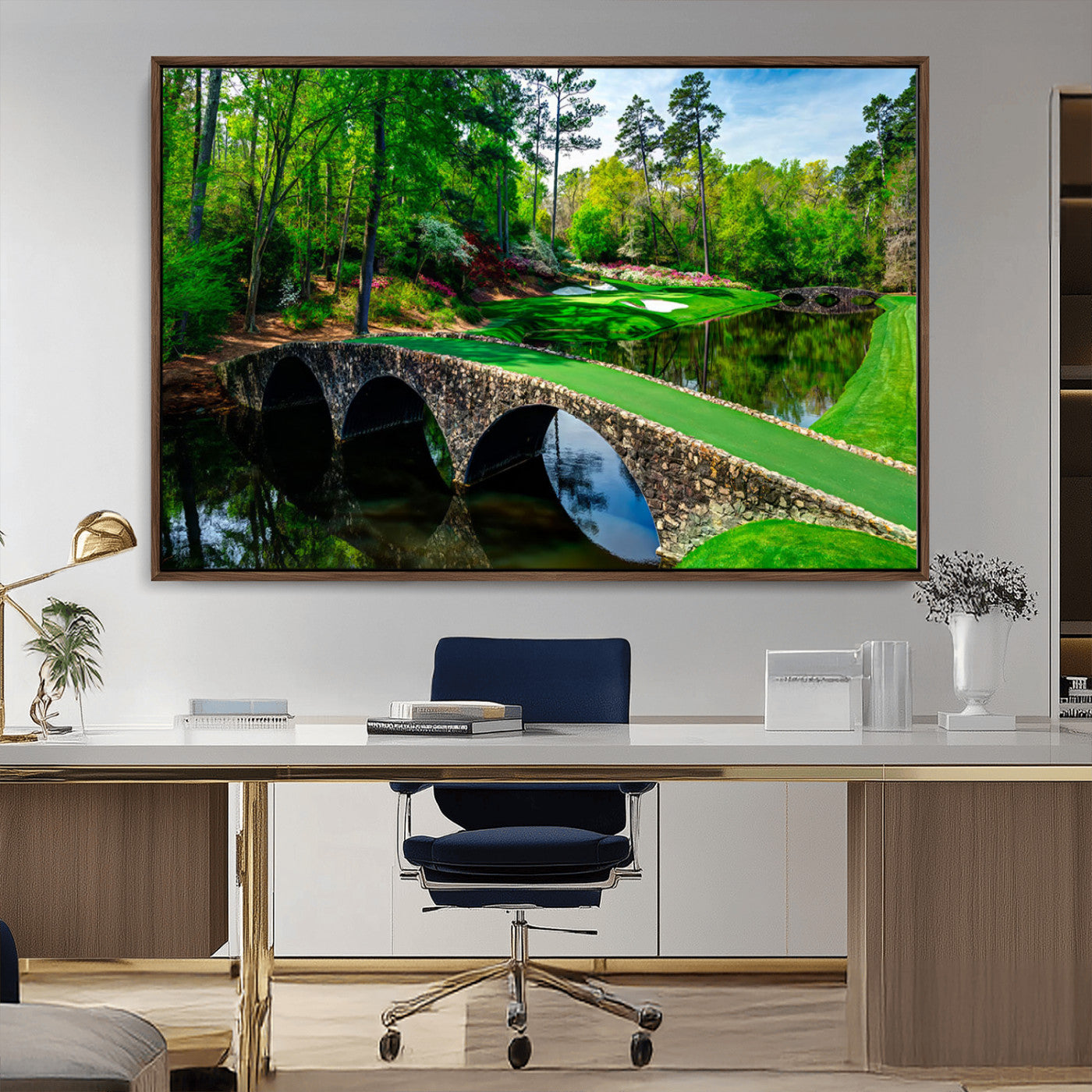 MGV-FC-36X24 - Augusta National Golf Club Wall Art - Panoramic Bridge & Lush Greenery – Premium Framed, Ready-to-Hang Triptych Canvas