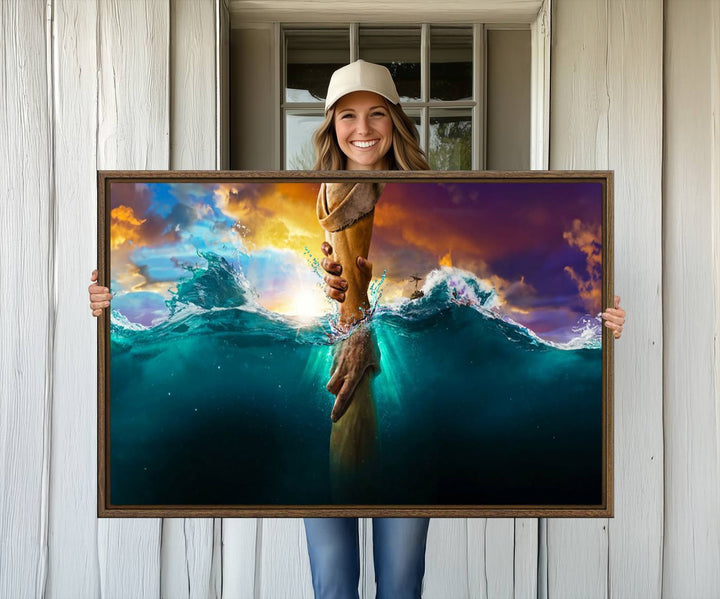 The God Hand Wall Art Canvas Print depicts hands reaching through water against a vibrant sky.