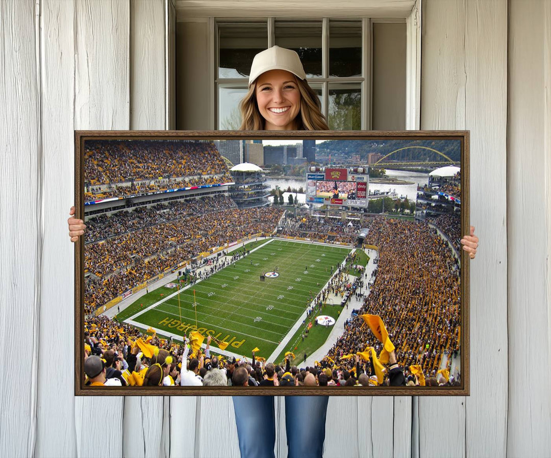 Heinz Field wall art and a cityscape serve as the backdrop.