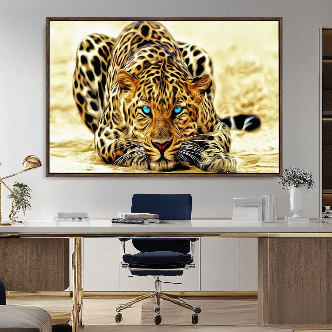 -Blue-Eyed Leopard Canvas Wall Art - Framed Animal Print Ready to Hang - Fierce and Bold Decor for