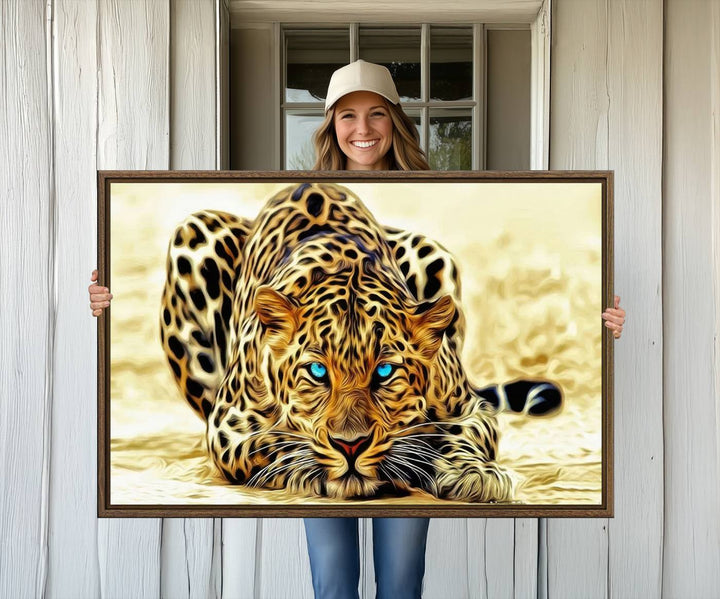 The Blue-Eyed Leopard Canvas Wall Art features a fierce and captivating design, perfect for wildlife enthusiasts. Its bold imagery makes it a striking decor piece, ready to hang.